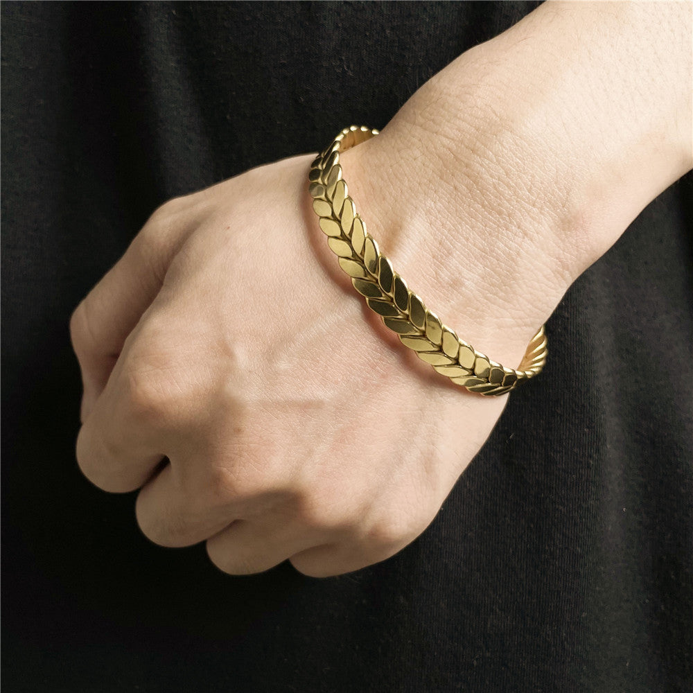 Minimalist Geometric Gold Plated Titanium Steel Wheat Open Cuff Bracelet for Women