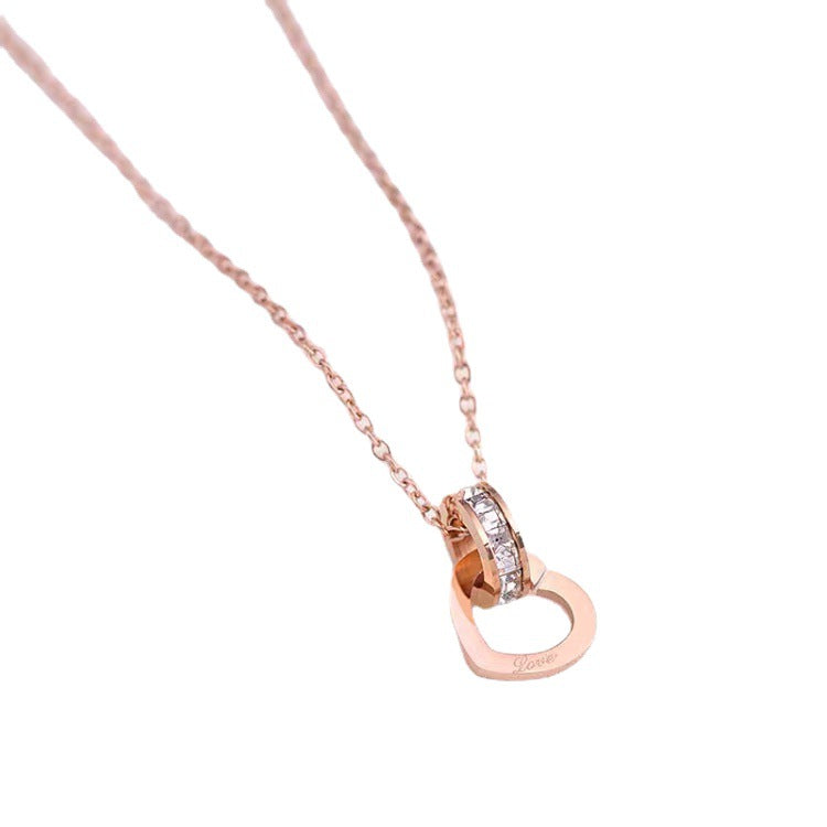 Minimalist Rose Gold Titanium Steel Heart-Shaped Pendant Necklace for Women with Rhinestone Inlay and Plated Finish