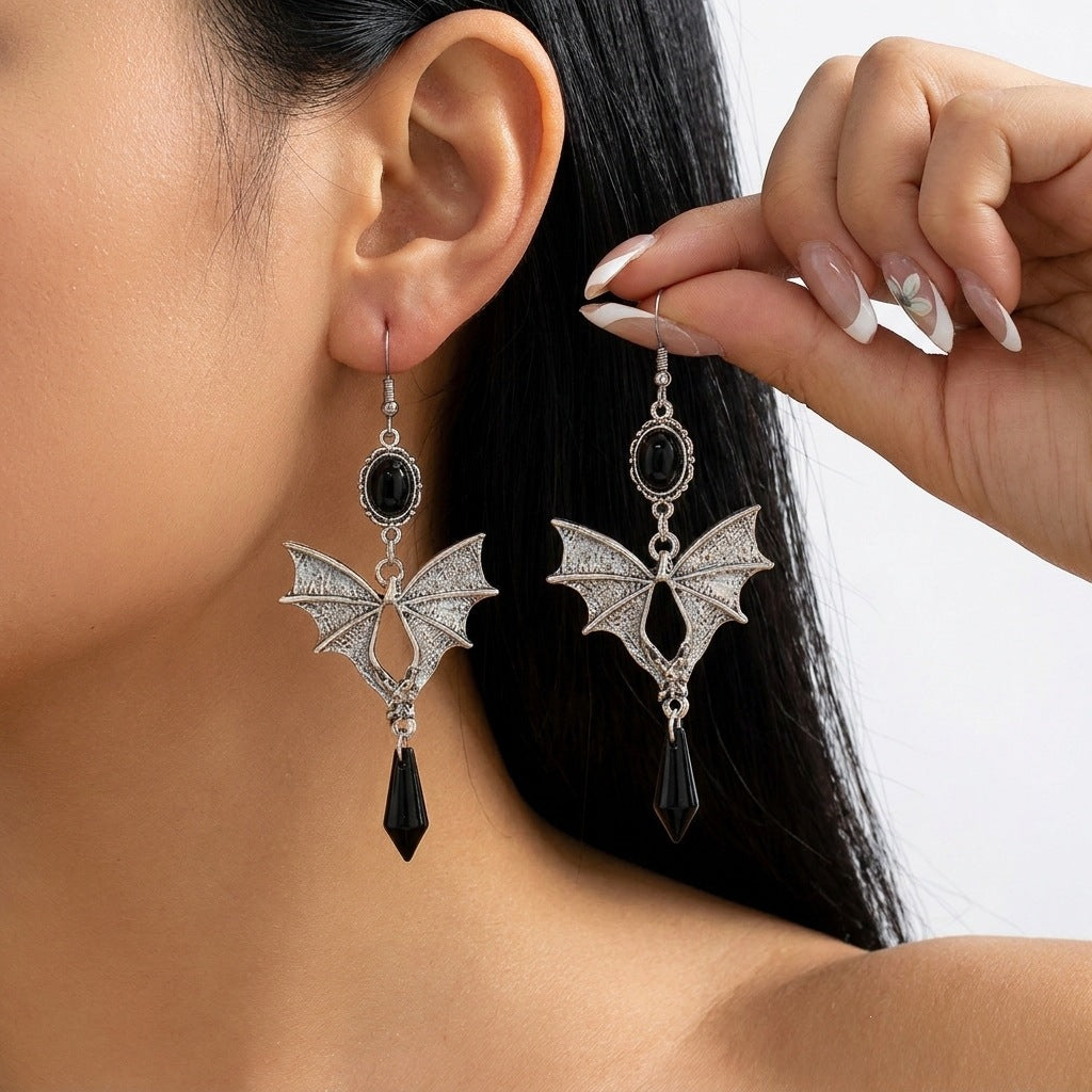 Vintage Gothic Geometric Bat Crystal Inlay Alloy Plated Pendant Necklace and Earring Set