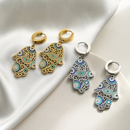Pendientes minimalistas de acero de titanio con diseño de esmalte de ojo turco y palma para mujer