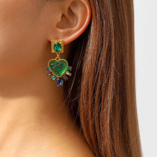Pendientes de resina con incrustaciones de diamantes de imitación y baño de oro, estilo geométrico retro de Hong Kong para mujer