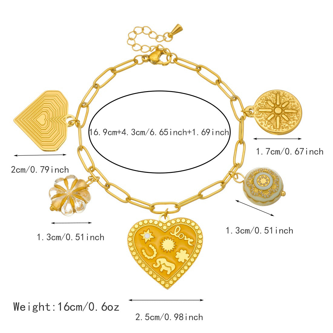 Vintage Elegant Heart Gold Plated Stainless Steel Pendant Bracelet for Women