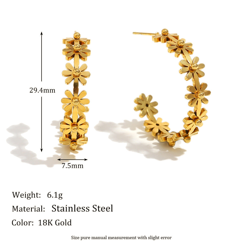 Fashion Vintage 18K Gold Plated Stainless Steel Floral C-Shaped Hoop Earrings for Women