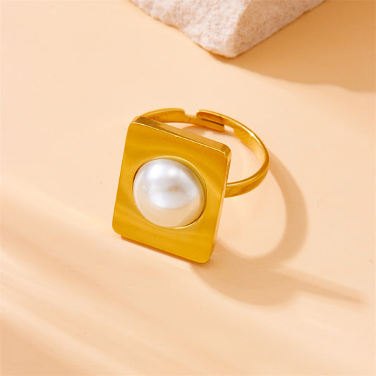 Vintage Fashion Gold-Plated Stainless Steel Pearl Square Irregular Ring Earrings Necklace Set