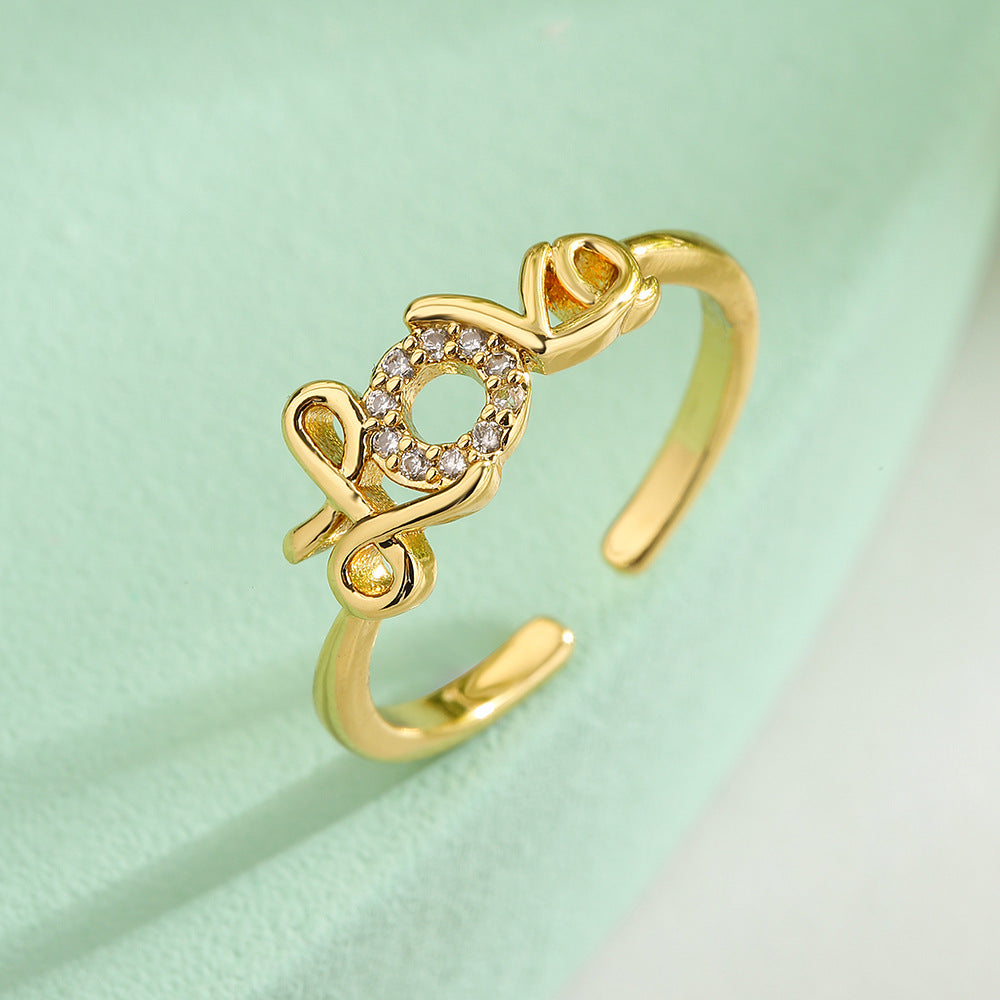 Minimalist Love-Shaped Geometric Open Ring for Women with Gold Plating and Micro-Paved Zirconia on Copper Base