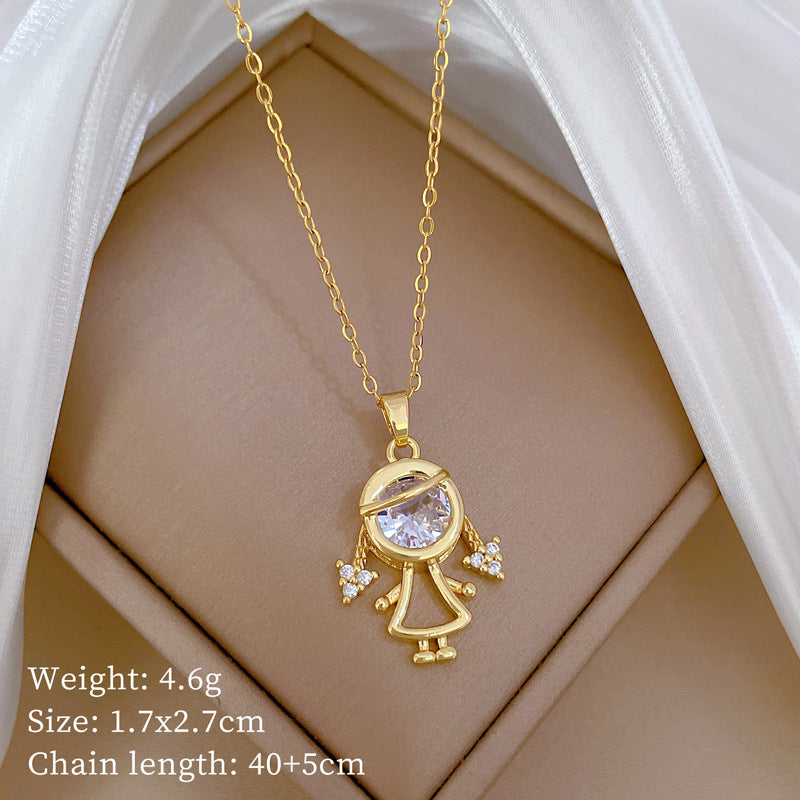 Luxury Titanium Steel Geometric Moon Pendant Necklace for Women with Rhinestone Inlay, Adjustable Titanium Steel Chain, Elegant Clavicle Jewelry