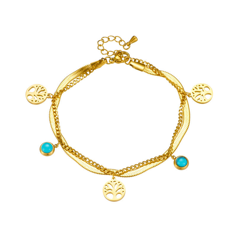 Bracciale da donna vintage minimalista con ciondolo rotondo Albero della Vita in turchese a doppio strato in acciaio al titanio