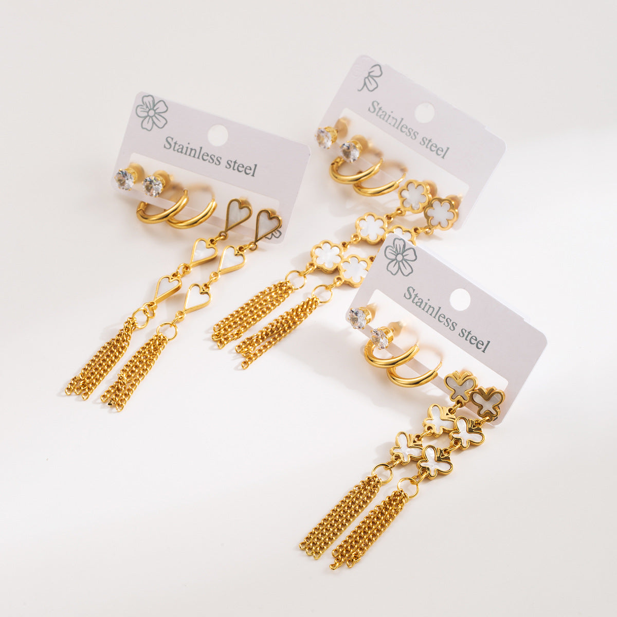 Minimalist Titanium Steel Earrings Set with Shell Inlay Heart Butterfly and Floral Motifs for Women