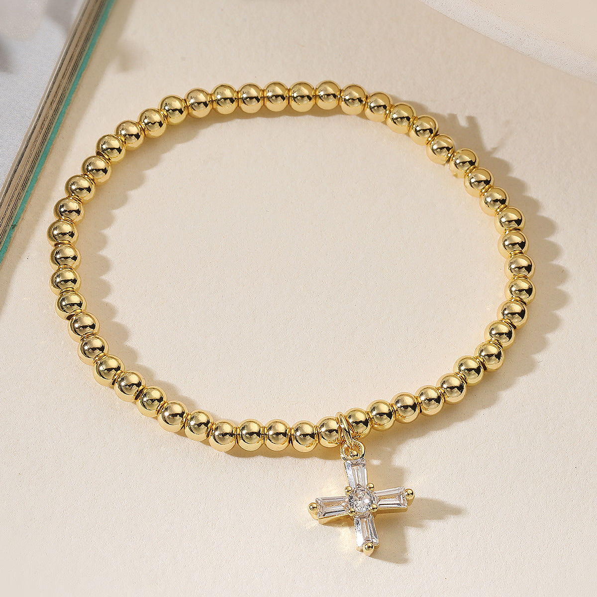 Minimalist 18K Gold Plated Brass Cross Geometric Cubic Zirconia Inlay Ball Chain Bracelet for Women