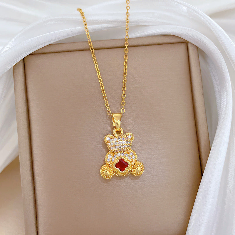 Sweet Cartoon 3D Red Bear Rhinestone Titanium Steel Necklace for Unisex