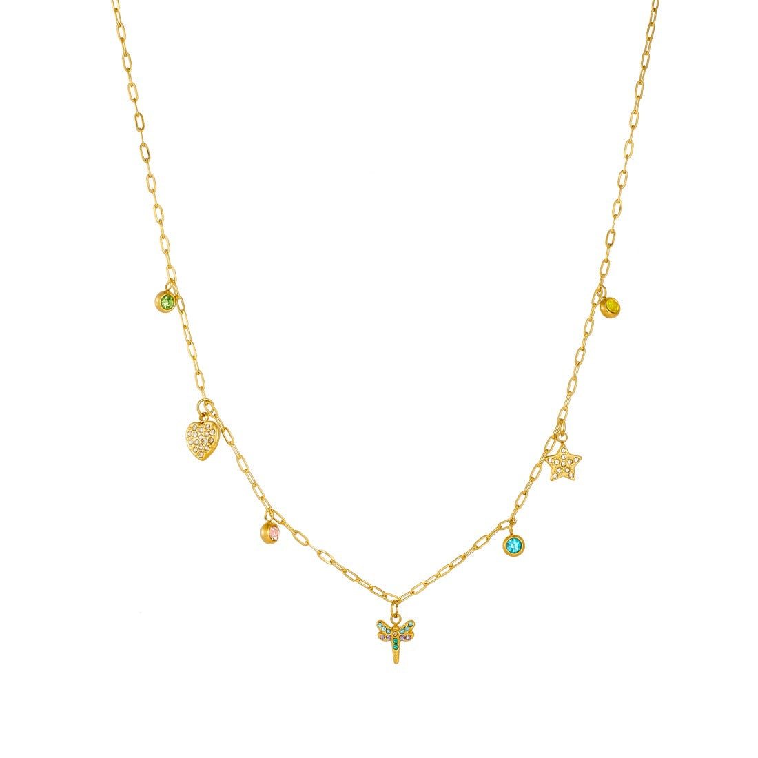 Sweet Gold Plated Stainless Steel Dragonfly Heart Star Necklace with Cubic Zirconia