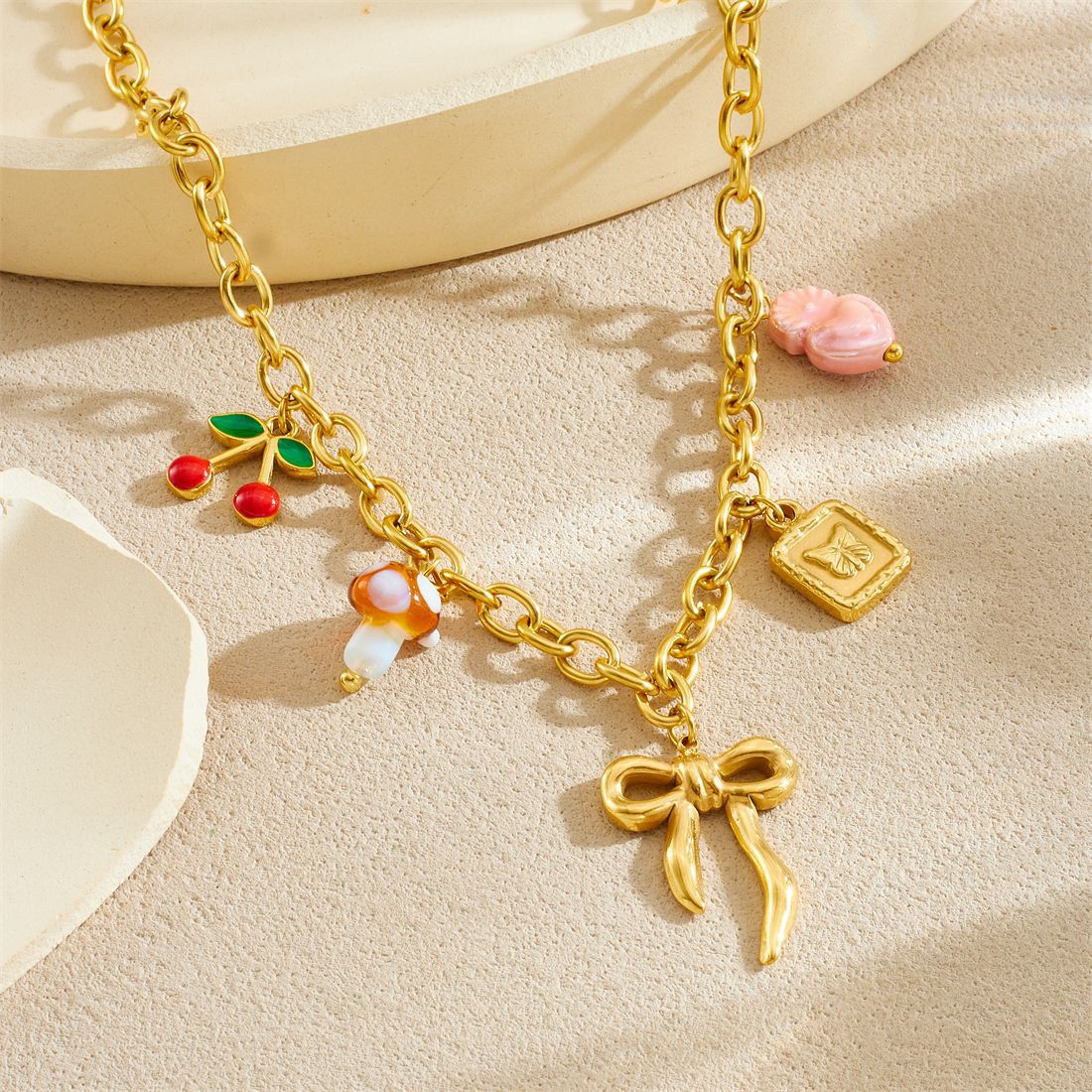 Sweet Gold Plated Drip Oil Fruit Mushroom Heart Cherry Bow Stainless Steel Necklace with Cable Chain