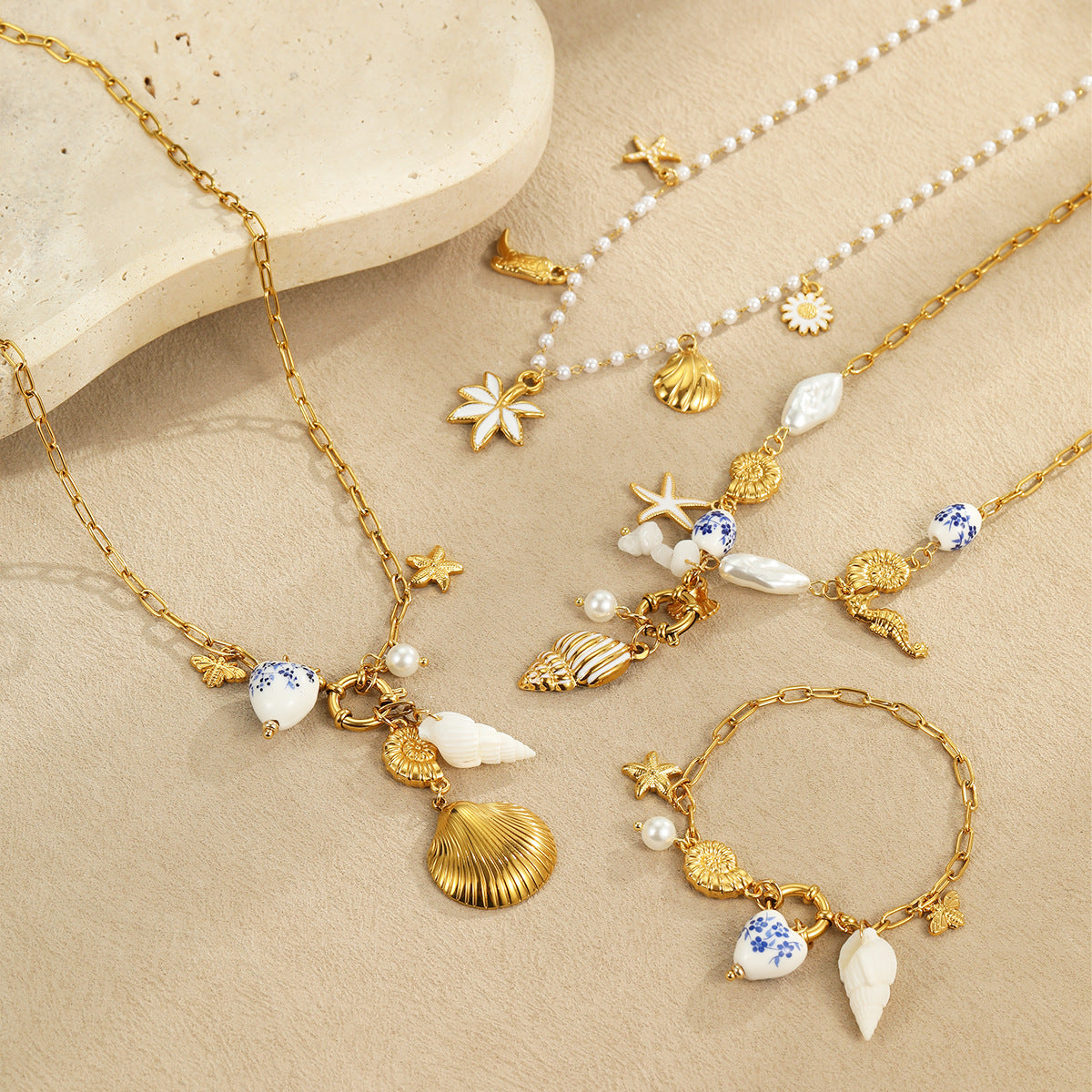 Collar de concha de estrella de mar geométrica de acero inoxidable chapado en oro de 18 quilates de moda para mujer