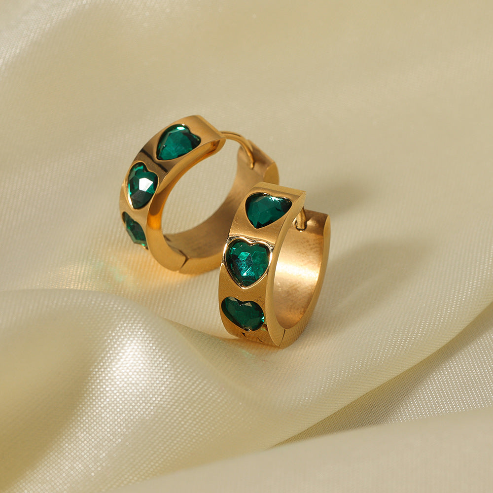 INS Style Heart-Shaped Green Zircon Inlaid Stainless Steel Hoop Earrings for Women with 18K Gold Plating