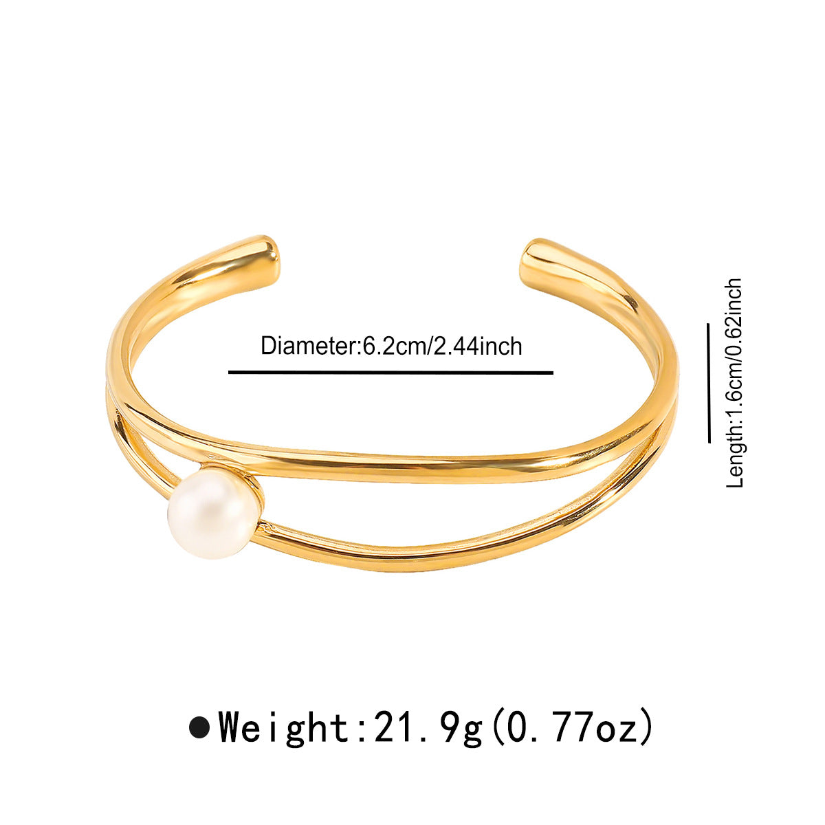 Bracciale Rigido Aperto Geometrico Minimalista in Acciaio Inox con Strass e Perle Sintetiche, Finitura Galvanizzata
