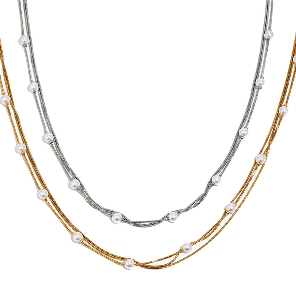 Minimalist Elegant Geometric Stainless Steel Gold Plated Imitation Pearl Necklace with Triple Layer Fine Snake Chain for Women