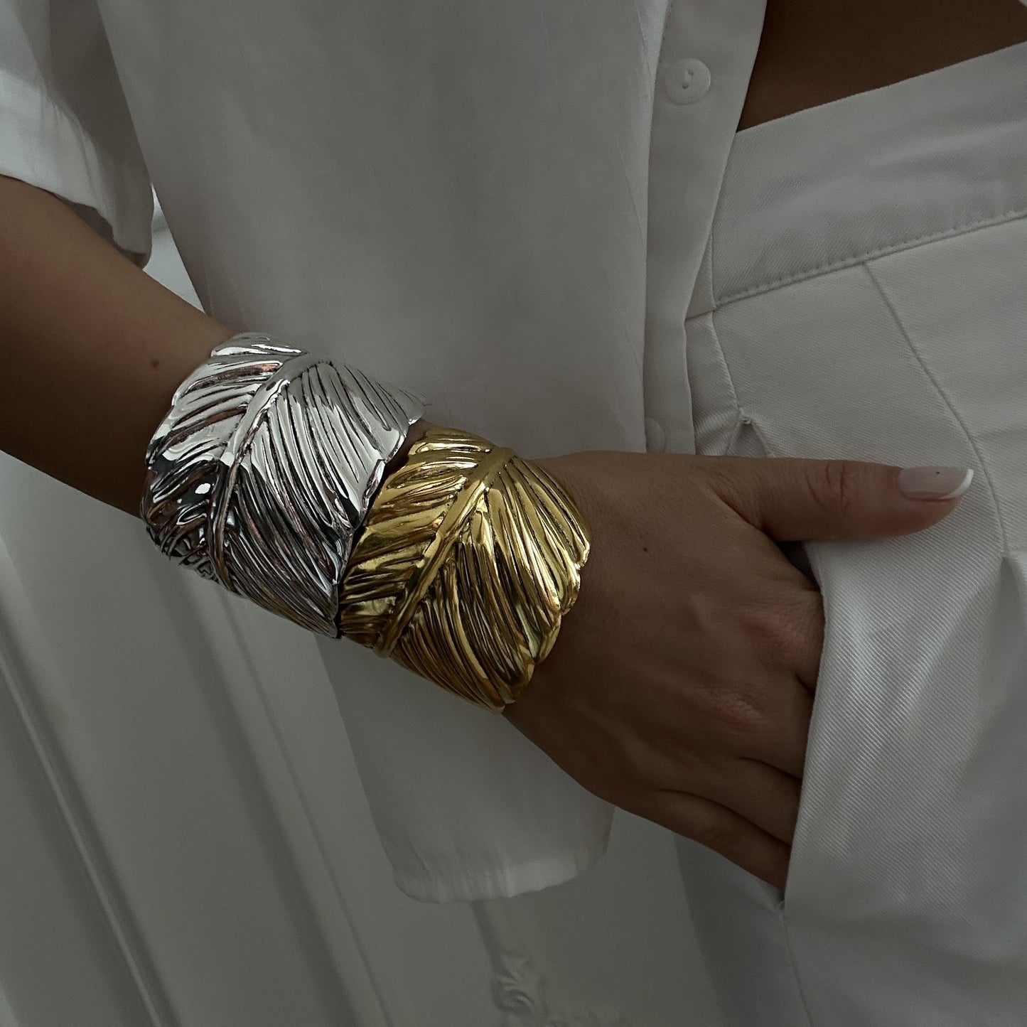 Bohemian Engraved Feather Wide Cuff Bracelet Gold Plated Metal Jewelry for Women