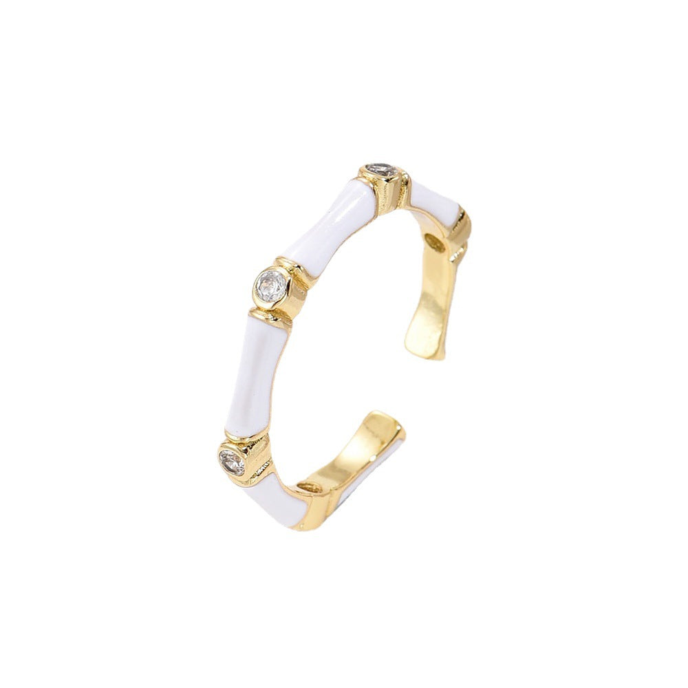 Elegant French-Style Geometric Copper Ring with Real Gold Plating and Enamel Zirconia for Women