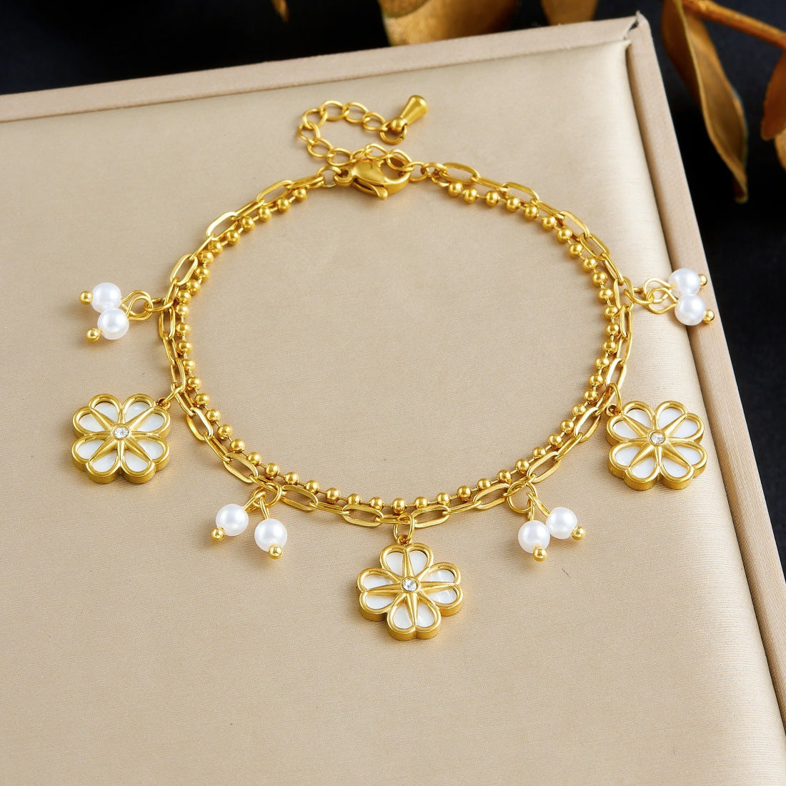 Vintage Elegant Gold Plated Stainless Steel Floral Pearl Double Layer Chain Bracelet