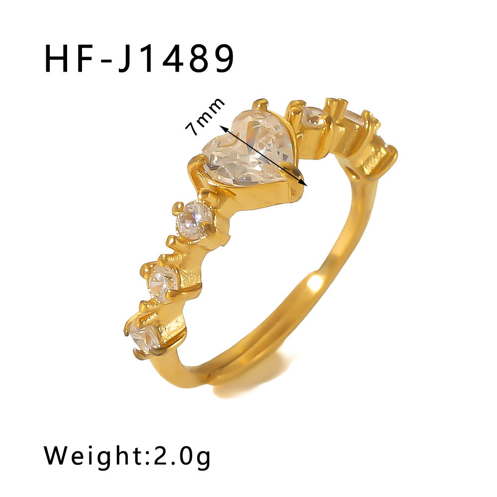 Minimalist Star Heart Geometric Stainless Steel Ring with Zirconia Inlay and 18K Vacuum Plating for Women