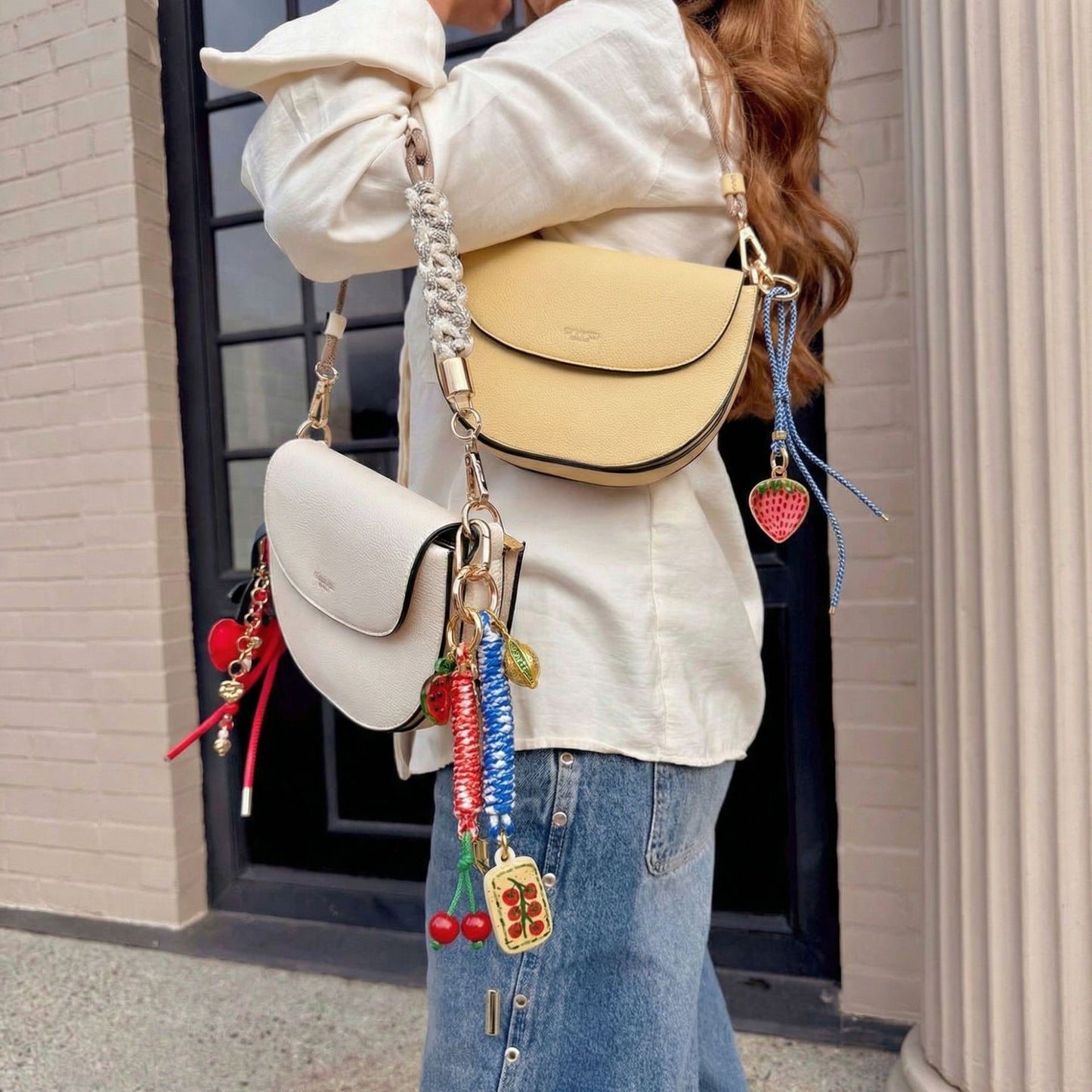 Colorful Rope Heart Cherry Keychain Bag Charm Brass Plated Accessory