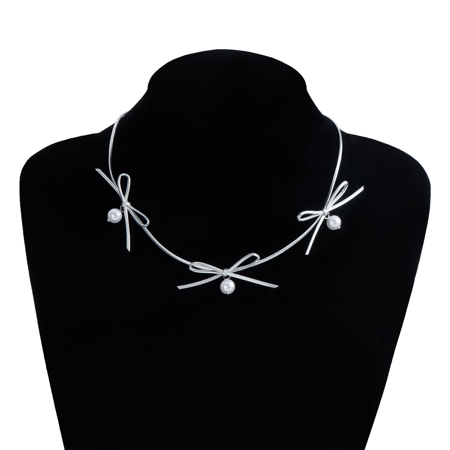 Elegante Collar con Colgante en Forma de Lazo para Mujer con Detalles de Perlas de Imitación y Nácar, Cadena de Clavícula Bañada en Plata