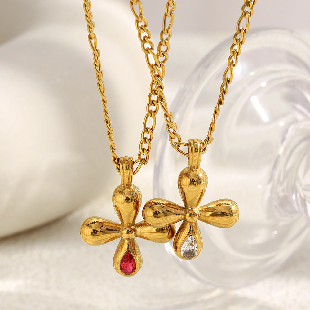 Luxury Vintage Cross Pendant Necklace for Women Stainless Steel with 18K Gold Plating and Red Zircon Inlay