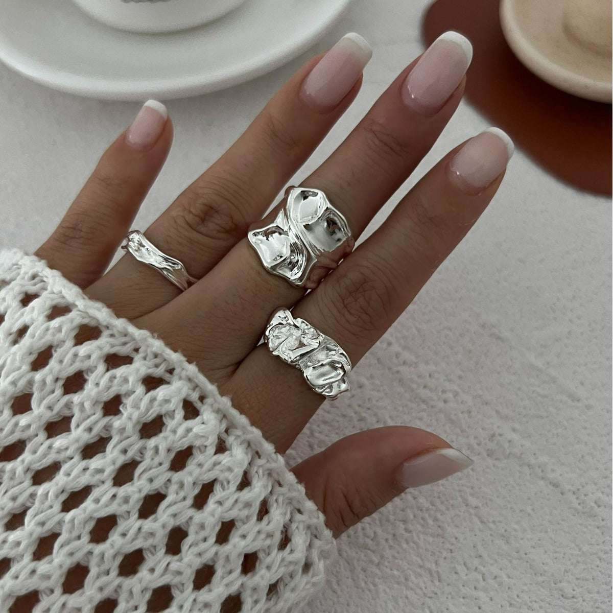Geometric Smooth Plated Alloy Ring Set for Women