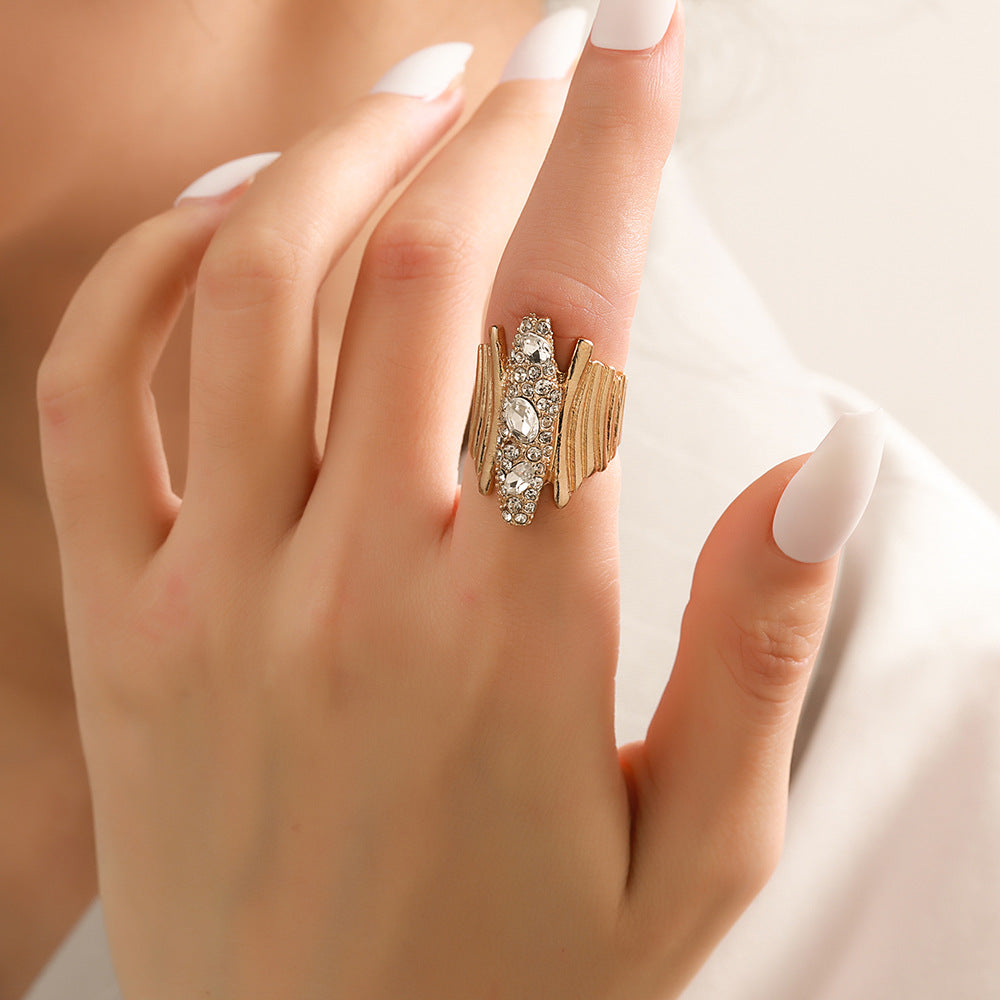 Geometric Rhinestone Inlay Brass Ring for Women and Men