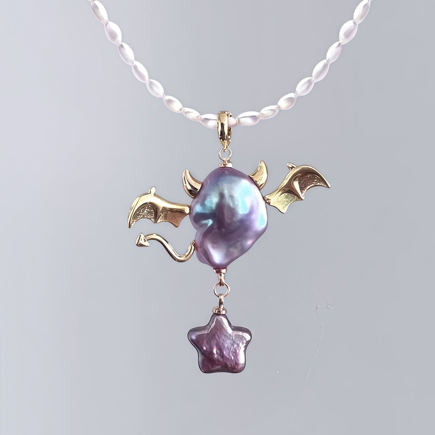 Sweet Heart Star Pearl Pendant Necklace Brass Plated