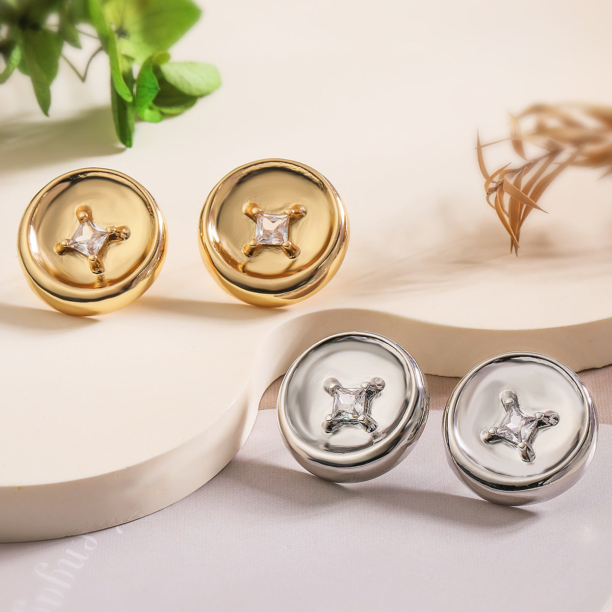 Minimalist Geometric Button Stud Earrings for Women in Brass with Gold Plating and Zircon Inlay