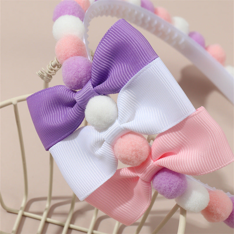 Graziosa Fascia per Capelli Minimalista per Bambini con Fiocco Abbinato e Dettagli Pompon in Viola Rosa e Bianco