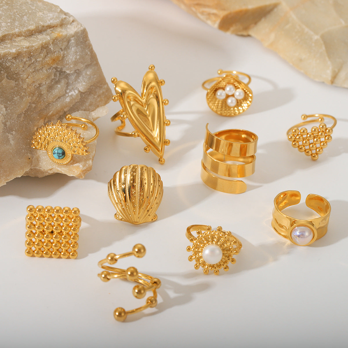 Anello aperto geometrico da donna stile Instagram in acciaio inossidabile con intarsio in perla e conchiglia e finitura placcata