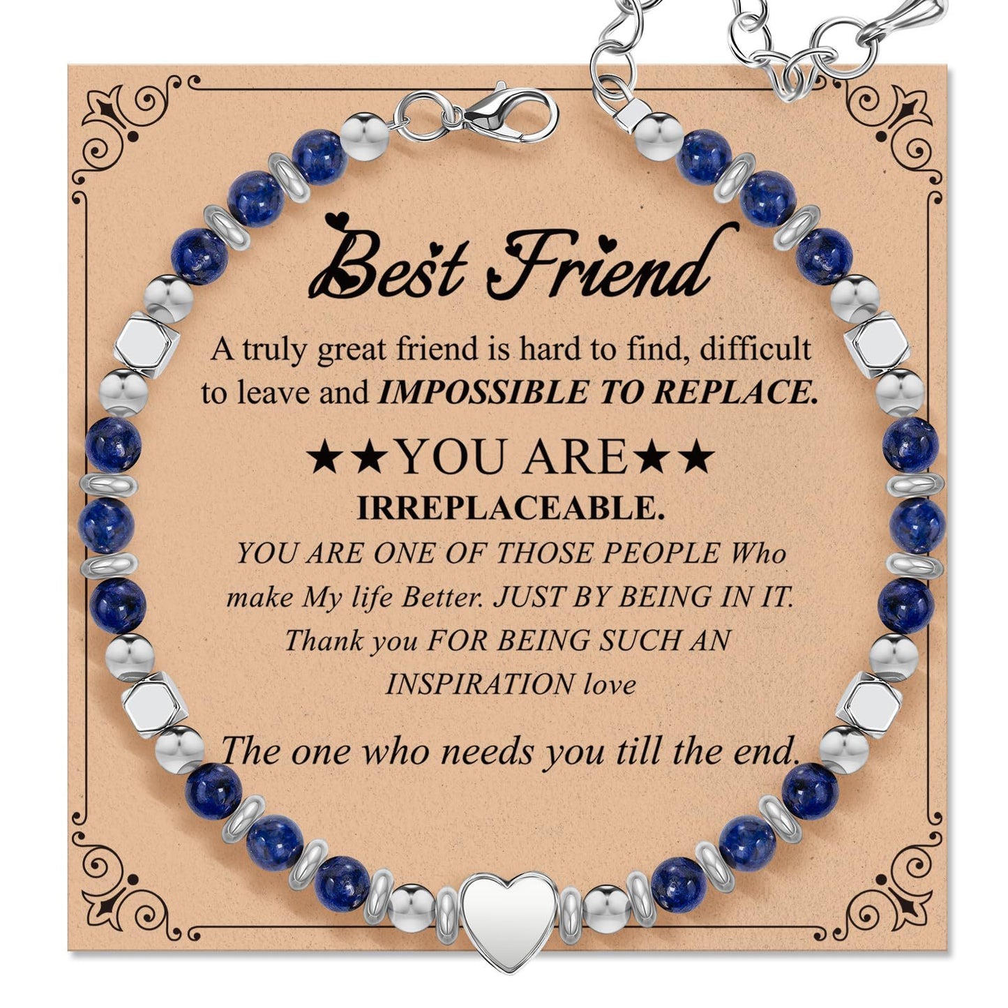Natural Stone Lapis Lazuli Heart Charm Bar Stainless Steel Adjustable Bracelet Unisex Gift