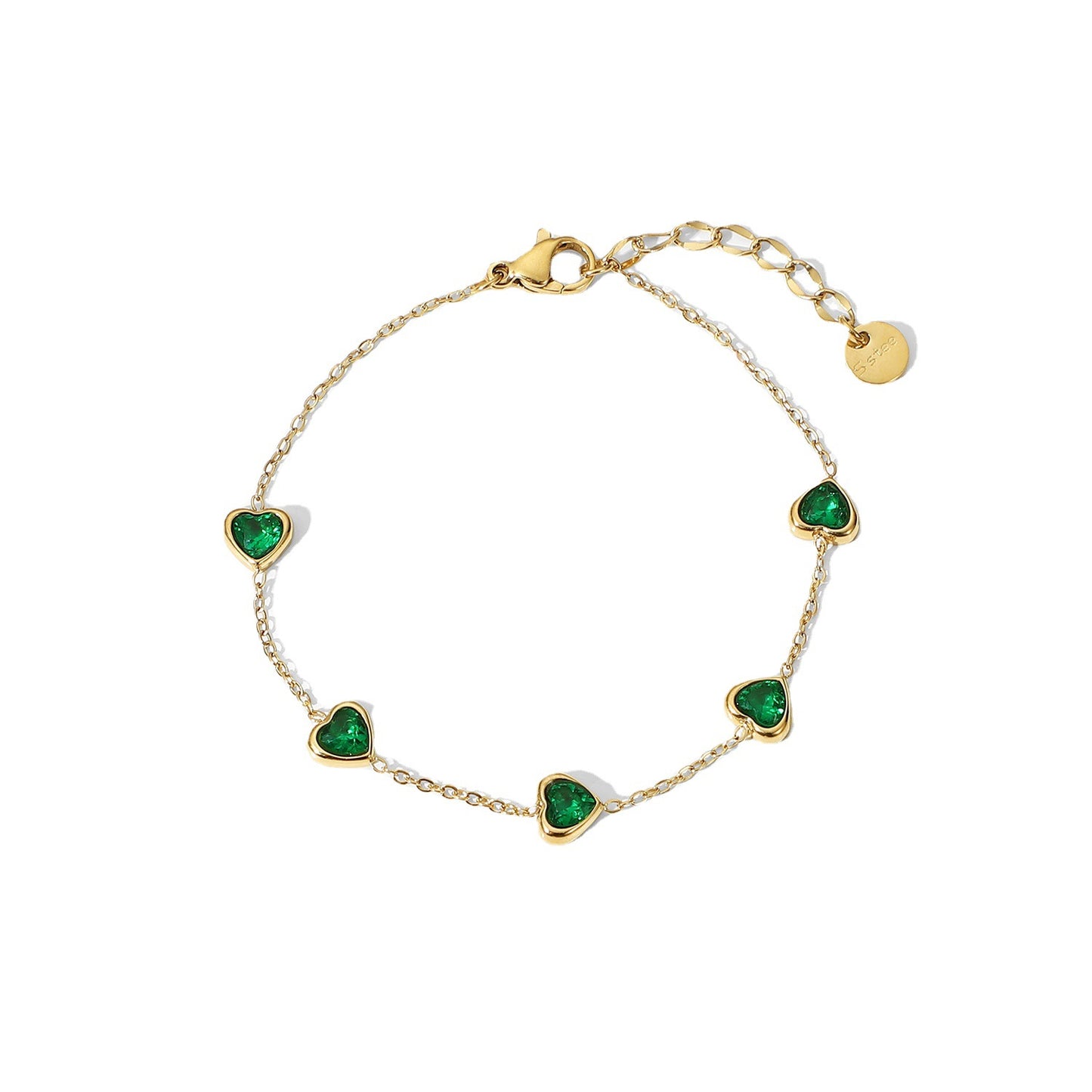 INS Style Geometric Titanium Steel Bracelet with 14K Gold Plating and Green Zirconia Accents for Women