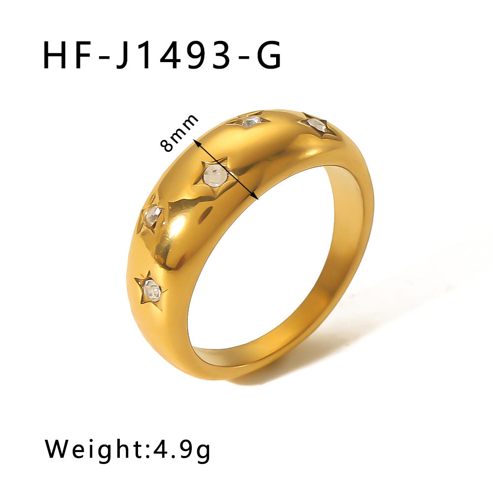 Minimalist Geometric Star-Inlaid Stainless Steel Ring with 18K Gold Plating for Women