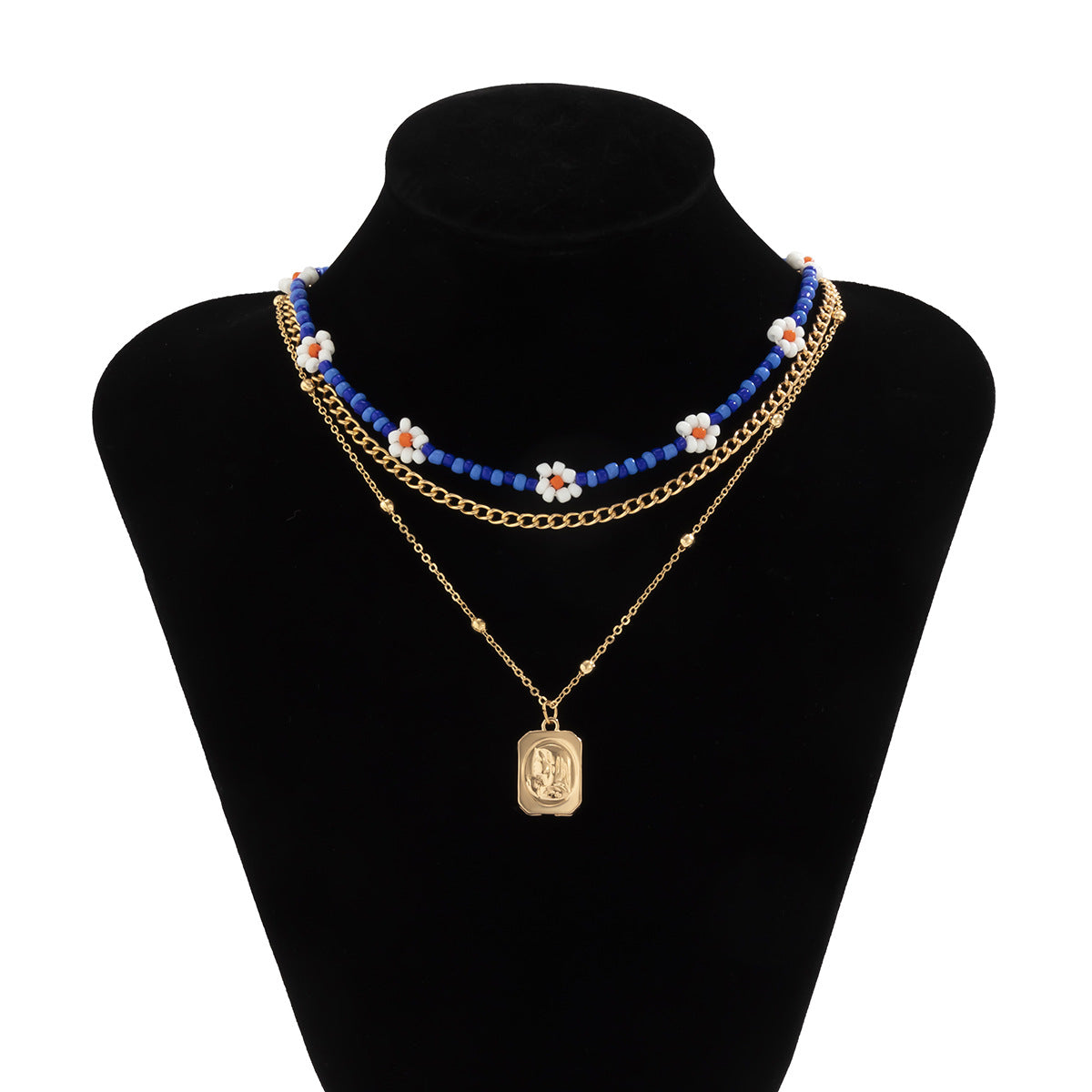 Collana Vintage con Ciondolo a Margherita e Charms in Lega su Catena di Perline per Donna
