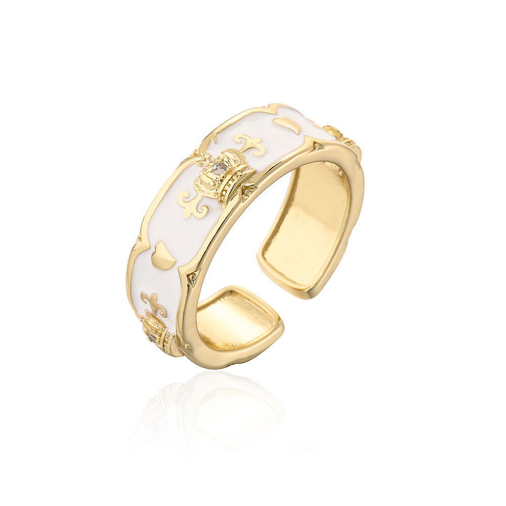 Minimalist Geometric Copper Ring with 18K Gold Plating, Enamel Crown Design and Zircon Inlay for Women