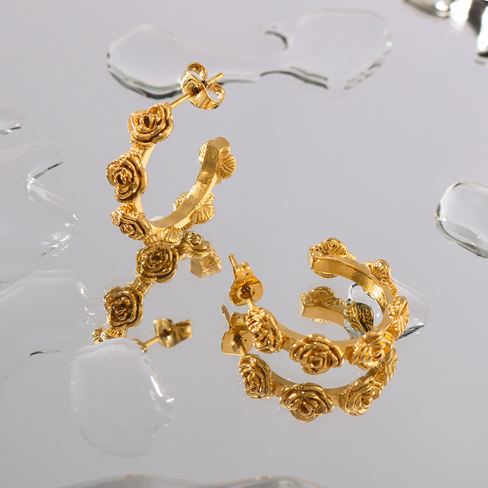 Vintage Rose Engraved Stainless Steel Earrings with 18K Gold Plating for Women Romantic Floral Design Minimalist Ear Studs