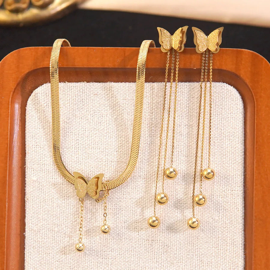 Minimalist Elegant Butterfly Stainless Steel Plated Necklace and Earring Set for Women