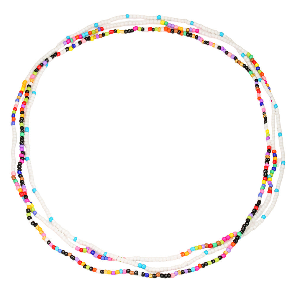 Bohemian Ethnic Geometric Seed Beads Waist Chain with White Crystal Inlay Double Layer Elastic