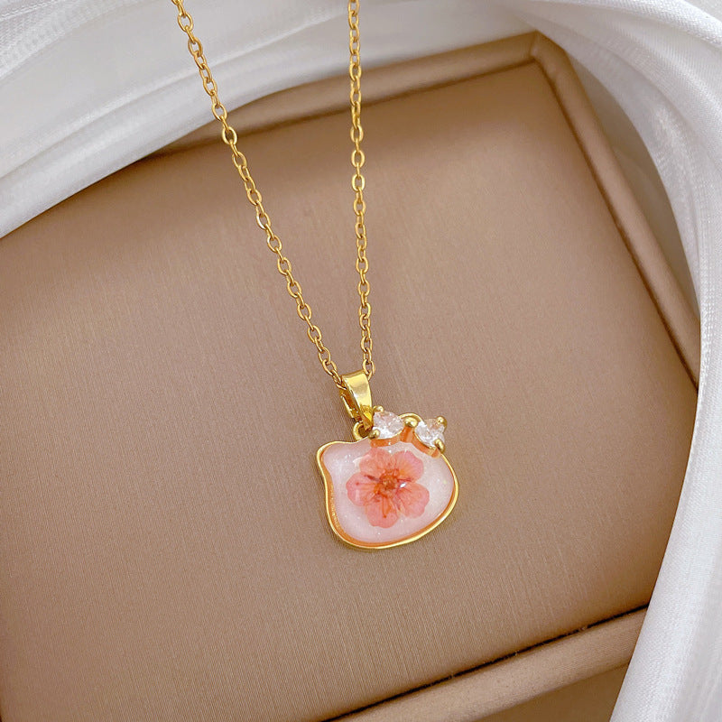 Sweet Geometric Butterfly Floral Resin and Brass Rhinestone Pendant Necklace with Titanium Steel Cable Chain