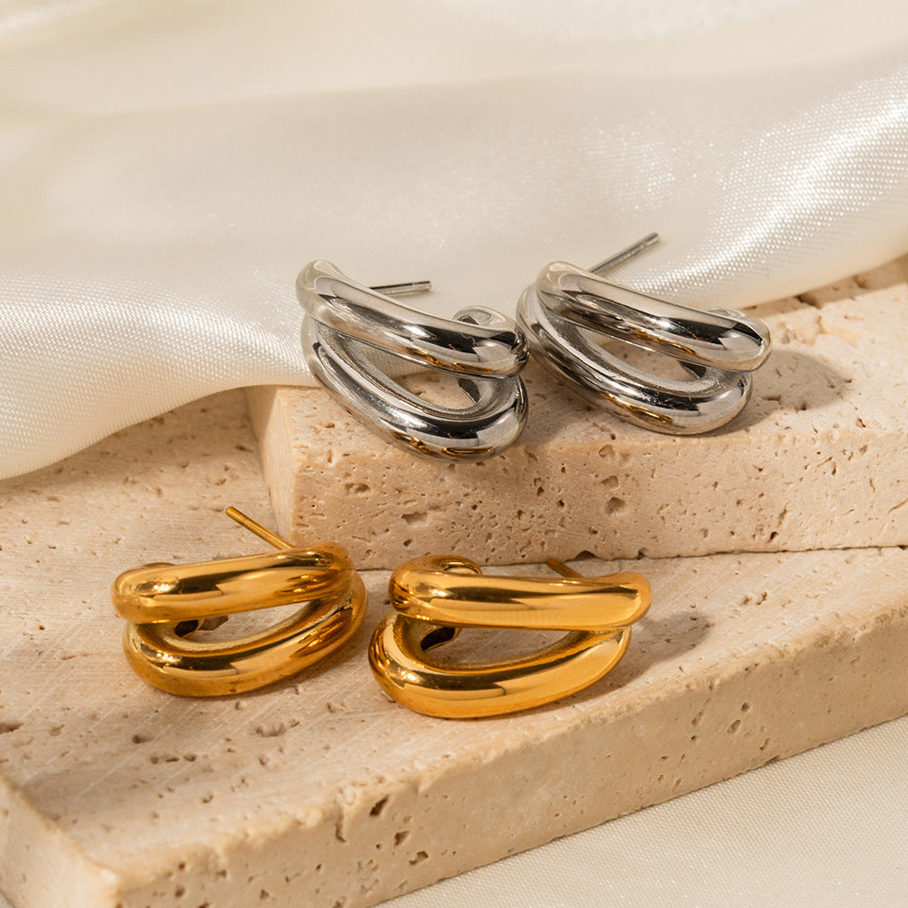 Trendy Geometric Double Layer Hollow C-Shaped 18K Gold Plated Stainless Steel Stud Earrings for Women
