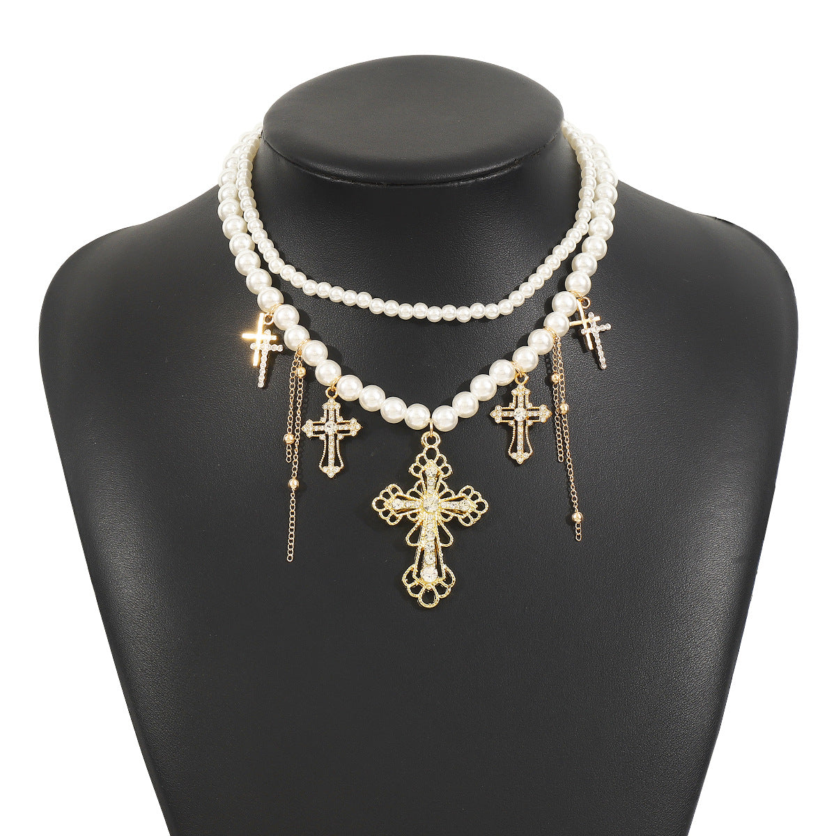 Collar minimalista de doble capa con imitación de perlas y colgante de cruz de forma geométrica, de aleación galvanizada, para mujer