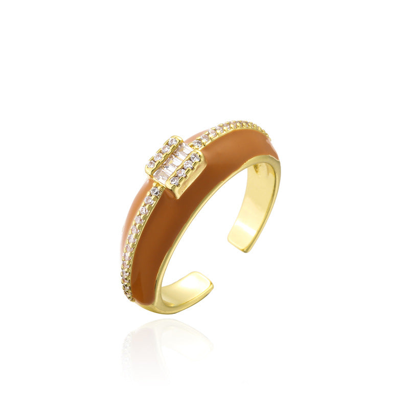 Geometric Micro-inlay Cubic Zirconia Brass Drip Oil Plated 18K Gold Open Ring for Women