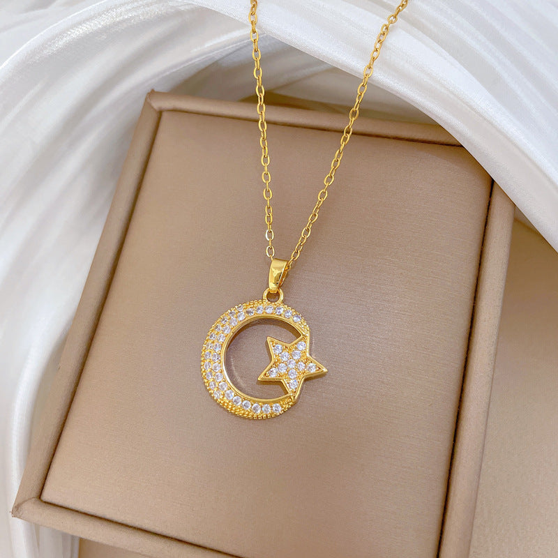 Sweet Star Moon Geometric Titanium Steel Necklace with Cubic Zirconia Brass Pendant for Unisex
