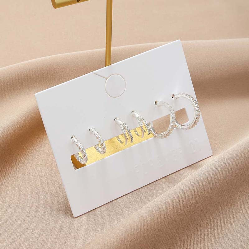 Minimalist Geometric Round Rhinestone Inlay Alloy C-Shaped Stud Earrings Set