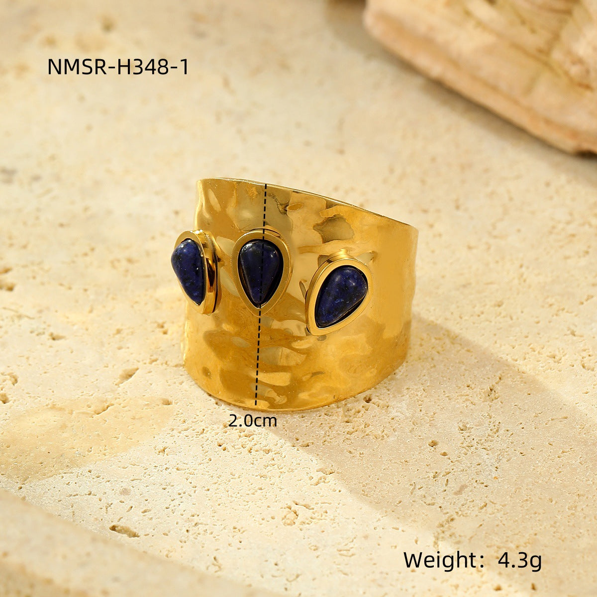Elegante Anillo Bañado en Acero Inoxidable con Textura Geométrica Vintage Francés y Piedra Natural Incrustada para Mujer