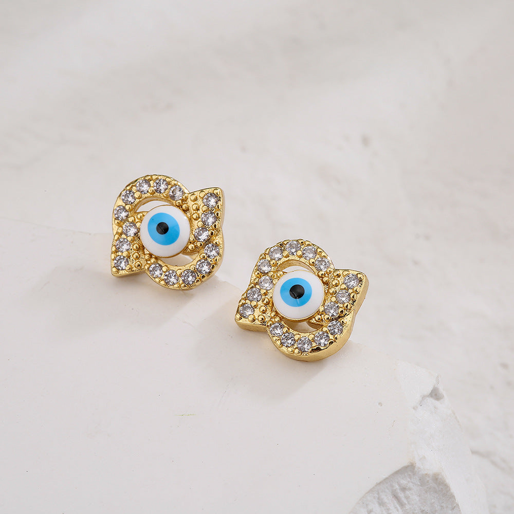 Minimalist Geometric Eye Stud Earrings for Women with Copper Base Plated in 18K Gold and Enamel Finish with Micro-Paved Zirconia