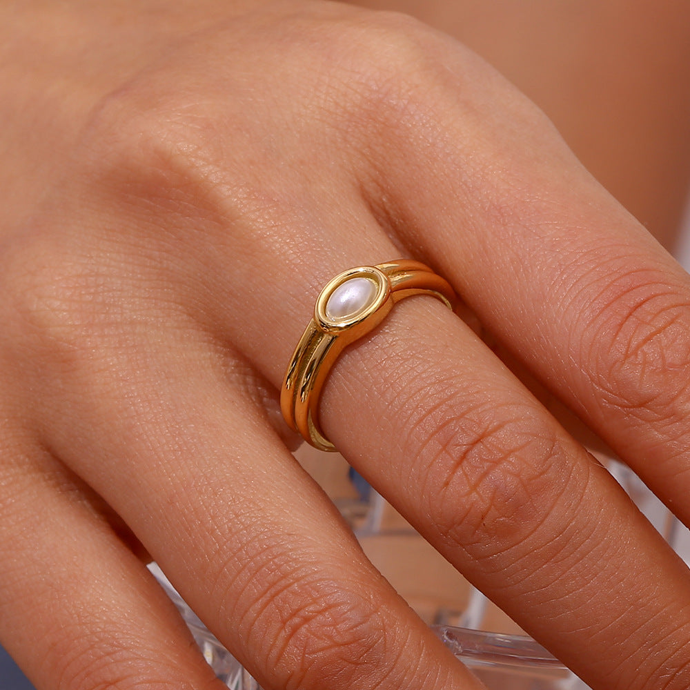 Minimalist Geometric Stainless Steel Ring with 18K Gold Plating and Natural Stone for Women
